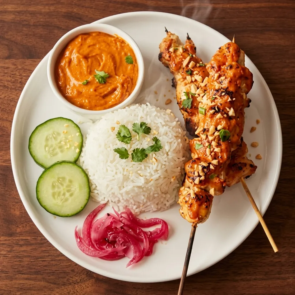 Chicken Satay with rice in Saskatoon, SK at Bun's House Restaurant